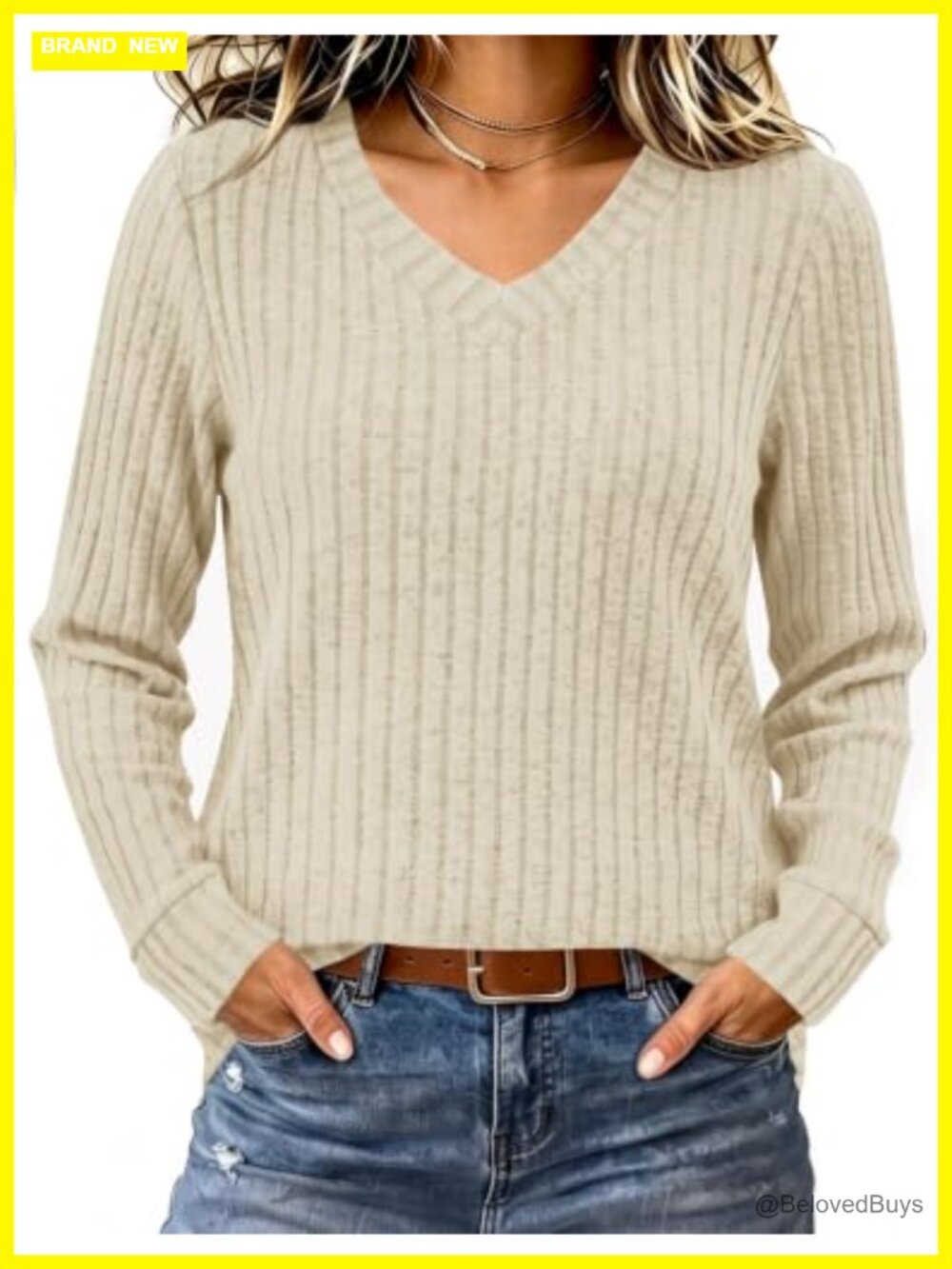 Womens Ribbed V Neck Long Sleeve Tunic Sweater Lightweight